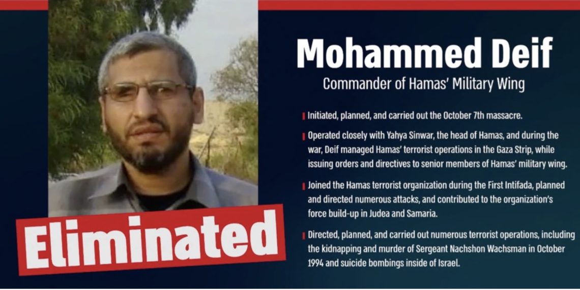 Sebuah poster yang dirilis oleh militer Israel, Kamis, 1 Agustus 2024, menunjukkan foto Mohammed Deif, komandan sayap militer Hamas dilokasi yang tidak diunggkap. (Foto: Militer Israel/AFP)