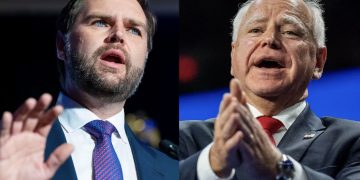 Calon wakil presiden Partai Republik JD Vance dan calon wakil presiden Partai Demokrat Tim Walz