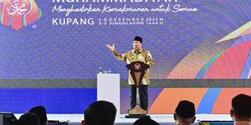 Presiden Prabowo Subianto dalam sambutannya pada Sidang Tanwir dan Resepsi Milad ke-112 Muhammadiyah yang digelar di Universitas Muhammadiyah Kupang, Provinsi Nusa Tenggara Timur (NTT), Rabu (04/12/2024). (Foto: BPMI Setpres)