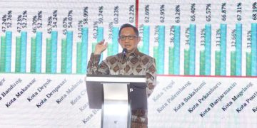 Menteri Dalam Negeri, Tito Karnavian saat Tito saat menjadi pembicara kunci pada malam Apresiasi Kinerja Pemerintahan Daerah 2024.