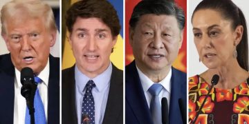 Kombinasi foto: Presiden AS Donald Trump, PM Kanada Justin Trudeau, Presiden China Xi Jinping, dan Presiden Meksiko Claudia Sheinbaum, yang kini terlibat perang tarif