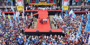 Presiden Prabowo Subianto, saat menghadiri peringatan Hari Buruh Internasional Tahun 2025 di Monas, Jakarta, pada Kamis, 1 Mei 2025