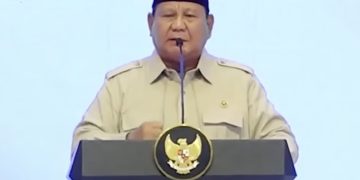 Tangkapan layar pidato Presiden RI Prabowo Subianto di acara organisasi sayap kanan Partai Perindo, Tunas Indonesia Raya (TIDAR) di Hotel Borobudur, Jakarta Pusat, Sabtu (17/5).