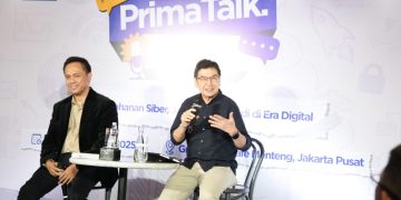 Vice President Cyber Security Risk PT Bank Central Asia Tbk (BCA), Sugianto Wono (kiri) dan SEVP Information Systems Security Rintis Sejahtera, Jeffrey Sukardi (kanan) dalam Media Gathering Prima Talkshow bertema “Bangun Ketahanan Siber, Jaga Data Pribadi di Era Digital” di Jakarta, Rabu (27/8).