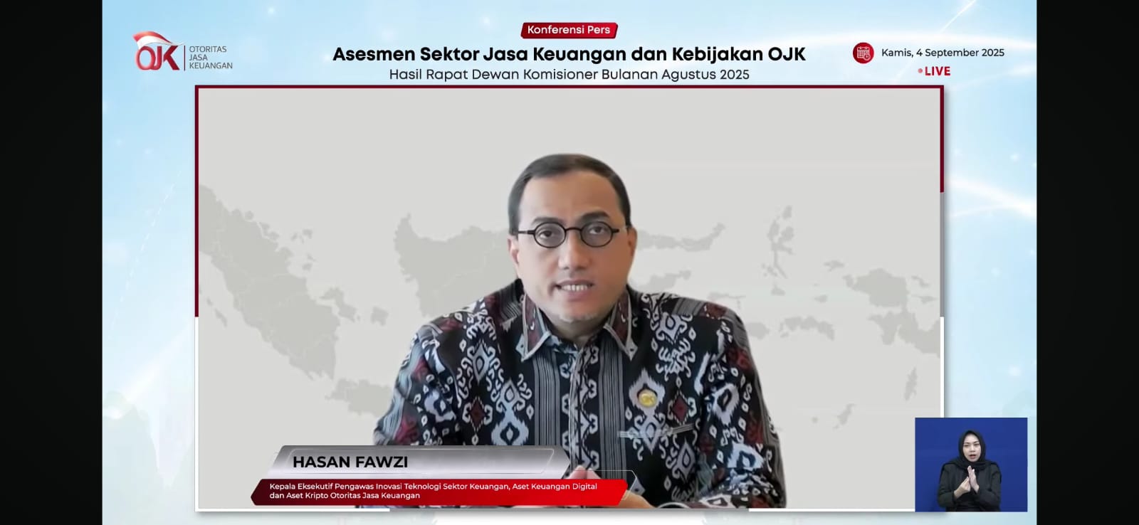 Kepala Eksekutif Pengawas Inovasi Teknologi Sektor Keuangan, Aset Keuangan Digital, dan Aset Kripto OJK, Hasan Fawzi.