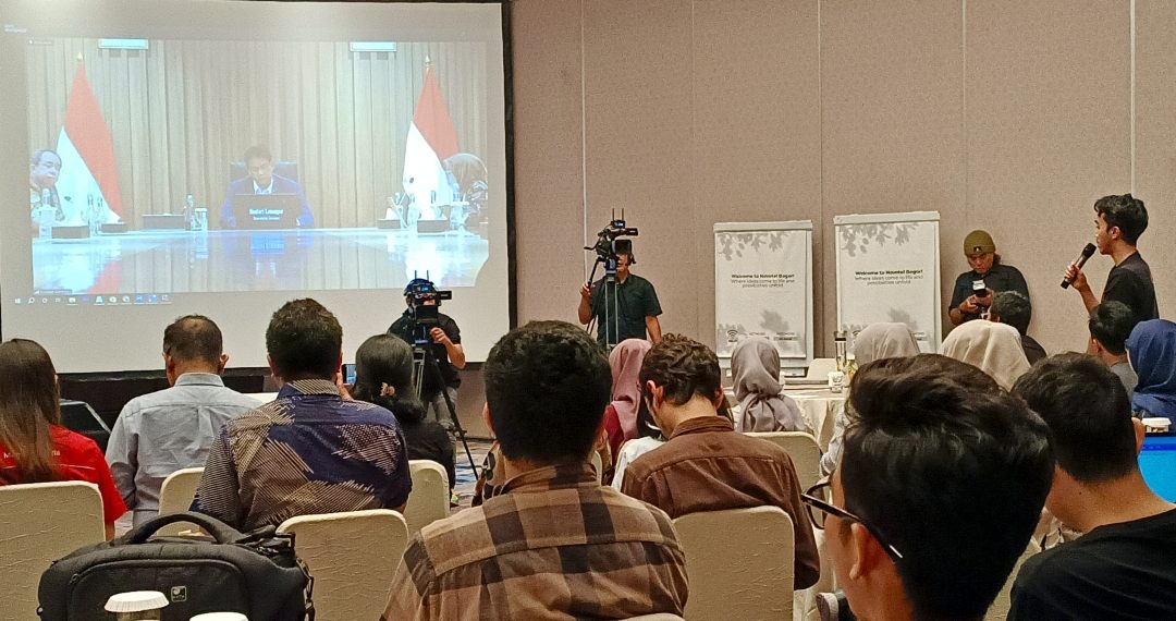 Menteri Keuangan Purbaya Yudhi Sadewa saat mengisi acara Media Gathering Kemenkeu 2025 via telekonferensi, di Novotel Bogor, Jawa Barat, Jumat, 10 Oktober 2025. (Foto: Julian)