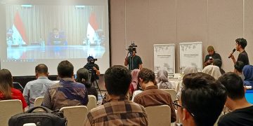 Menteri Keuangan Purbaya Yudhi Sadewa saat mengisi acara Media Gathering Kemenkeu 2025 via telekonferensi, di Novotel Bogor, Jawa Barat, Jumat, 10 Oktober 2025. (Foto: Julian)