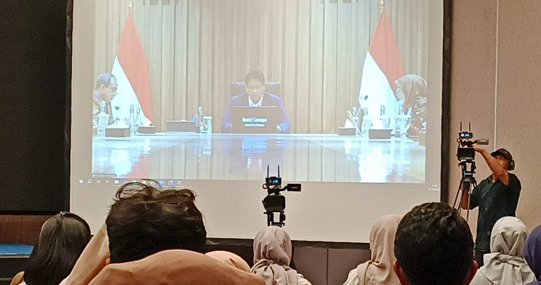 Menteri Keuangan Purbaya Yudhi Sadewa saat mengisi acara Media Gathering Kemenkeu 2025 via telekonferensi, di Novotel Bogor, Jawa Barat, Jumat, 10 Oktober 2025. (Foto: Julian)