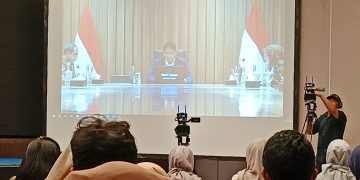 Menteri Keuangan Purbaya Yudhi Sadewa saat mengisi acara Media Gathering Kemenkeu 2025 via telekonferensi, di Novotel Bogor, Jawa Barat, Jumat, 10 Oktober 2025. (Foto: Julian)