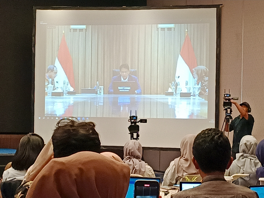 Menteri Keuangan Purbaya Yudhi Sadewa saat mengisi acara Media Gathering Kemenkeu 2025 via telekonferensi, di Novotel Bogor, Jawa Barat, Jumat, 10 Oktober 2025. (Foto: Julian)