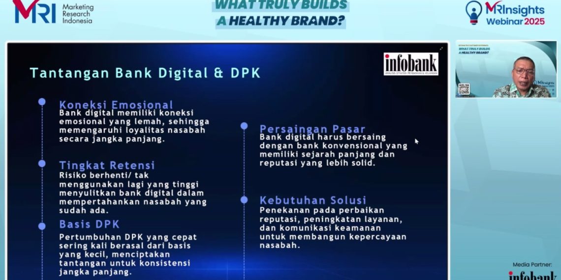 Chairman Infobank Media Group, Eko B. Supriyanto saat mempresentasikan tantangan bank digital dan DPK dalam webinar Marketing Research Indonesia (MRI) bertajuk *Beyond The Customer Experience: What Truly Builds a Healthy Brand?, Rabu, 8 Oktober 2025. (Tangkapan layar Zoom: M. Adrianto Sukarso)