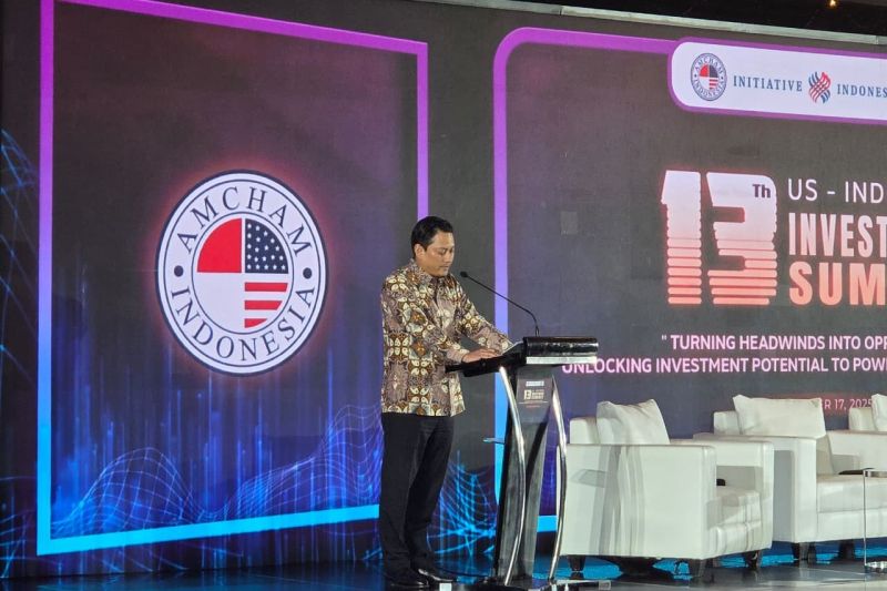 Wakil Menteri Keuangan Thomas Djiwandono dalam acara 13th US-Indonesia Investment Summit di Jakarta, Senin (17/11/2025) (ANTARA/Bayu Saputra)