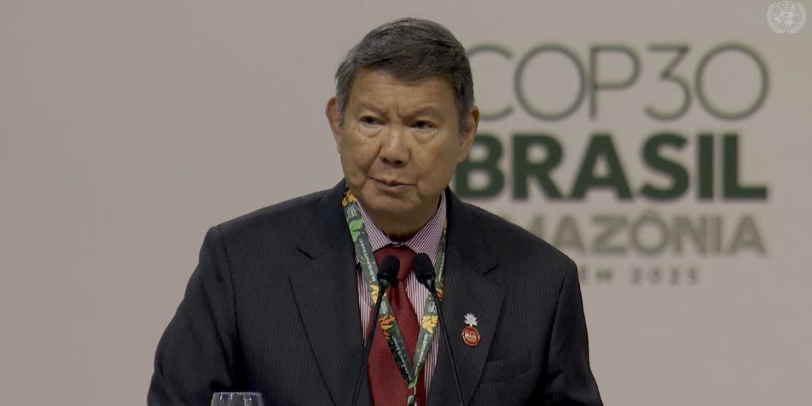 Utusan Khusus Presiden Republik Indonesia untuk Iklim dan Energi, Hashim Djojohadikusumo dalam sesi Leaders Summit pada Conference of the Parties ke-30 (COP30) di Belém, Brasil, Kamis (6/11).