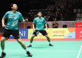 Pebulu tangkis ganda putra Indonesia, Raymond Indra dan Nikolaus Joaquin, turut ambil bagian dalam wondr BrightUp Cup 2025 yang digelar BNI di Hall A Basket Senayan, Jakarta, pada 5 Desember. (Foto: Dok. BNI)