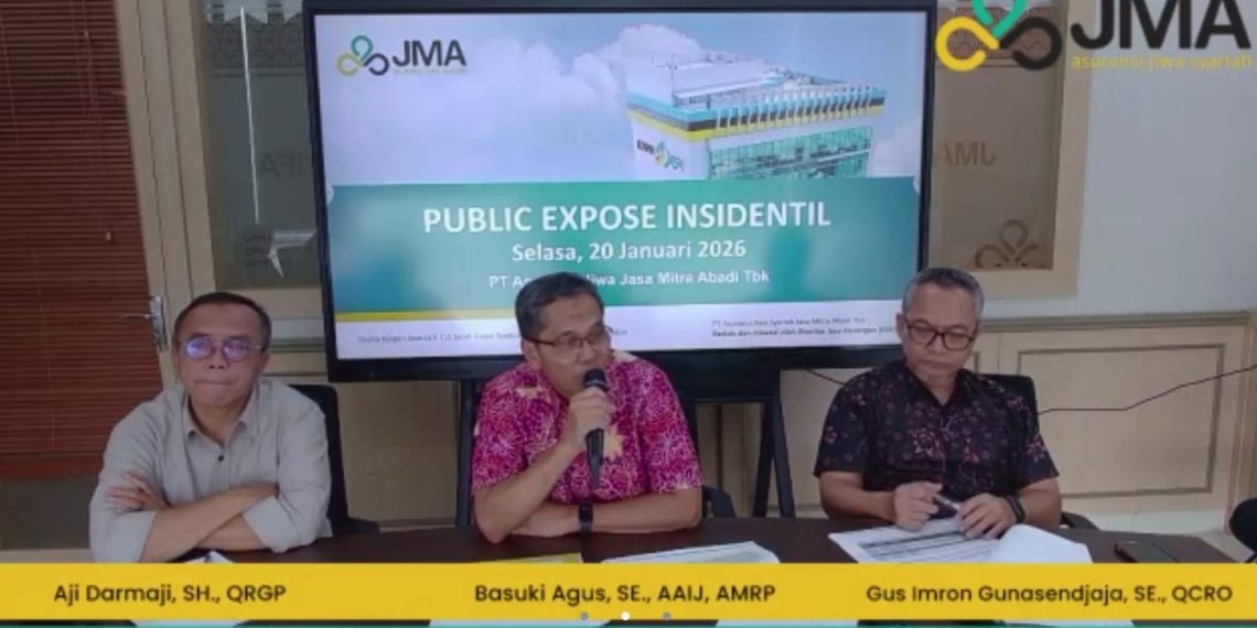 Direktur Utama JMAS, Basuki Agus (tengah), dalam Paparan Publik Insidentil di Jakarta, Selasa, 20 Januari 2026. (Tangkapan layar webinar: Khoirifa)