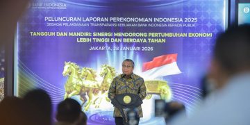 Gubernur Bank Indonesia (BI) Perry Warjiyo dalam agenda peluncuran Laporan Perekonomian Indonesia (LPI) 2025 di Jakarta, Rabu, 28 Januari 2026. (Foto: Muhammad Zulfikar)