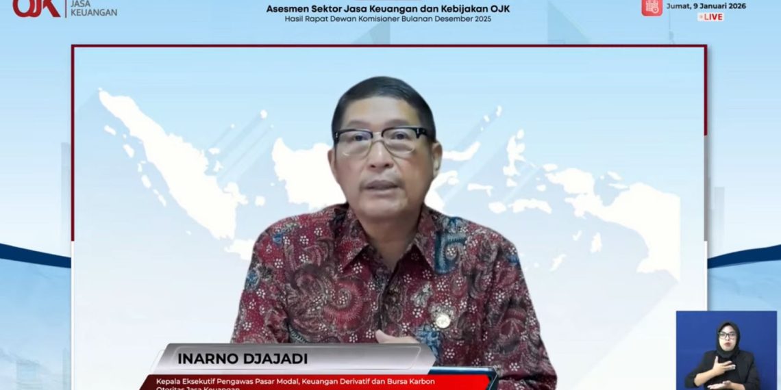 Kepala Eksekutif Pengawas Pasar Modal, Keuangan Derivatif, dan Bursa Karbon OJK, Inarno Djajadi dalam konferensi pers hasil Rapat Dewan Komisioner (RDK) Bulanan secara virtual, Jumat, (9/1/2026). (Tangkapan layar YouTube Otoritas Jasa Keuangan: Khoirifa)