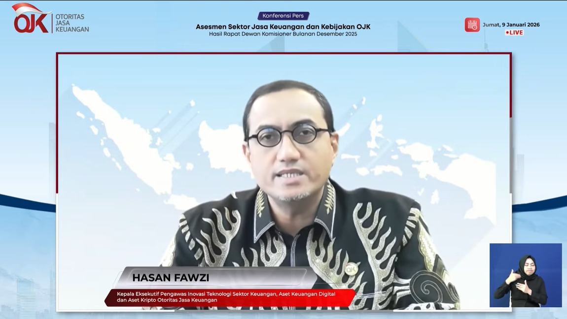 Kepala Eksekutif Pengawas Inovasi Teknologi Sektor Keuangan, Aset Keuangan Digital, dan Aset Kripto OJK, Hasan Fawzi dalam konferensi pers hasil Rapat Dewan Komisioner (RDK) Bulanan secara virtual, Jumat, (9/1/2026). (Tangkapan layar YouTube Otoritas Jasa Keuangan: Khoirifa)