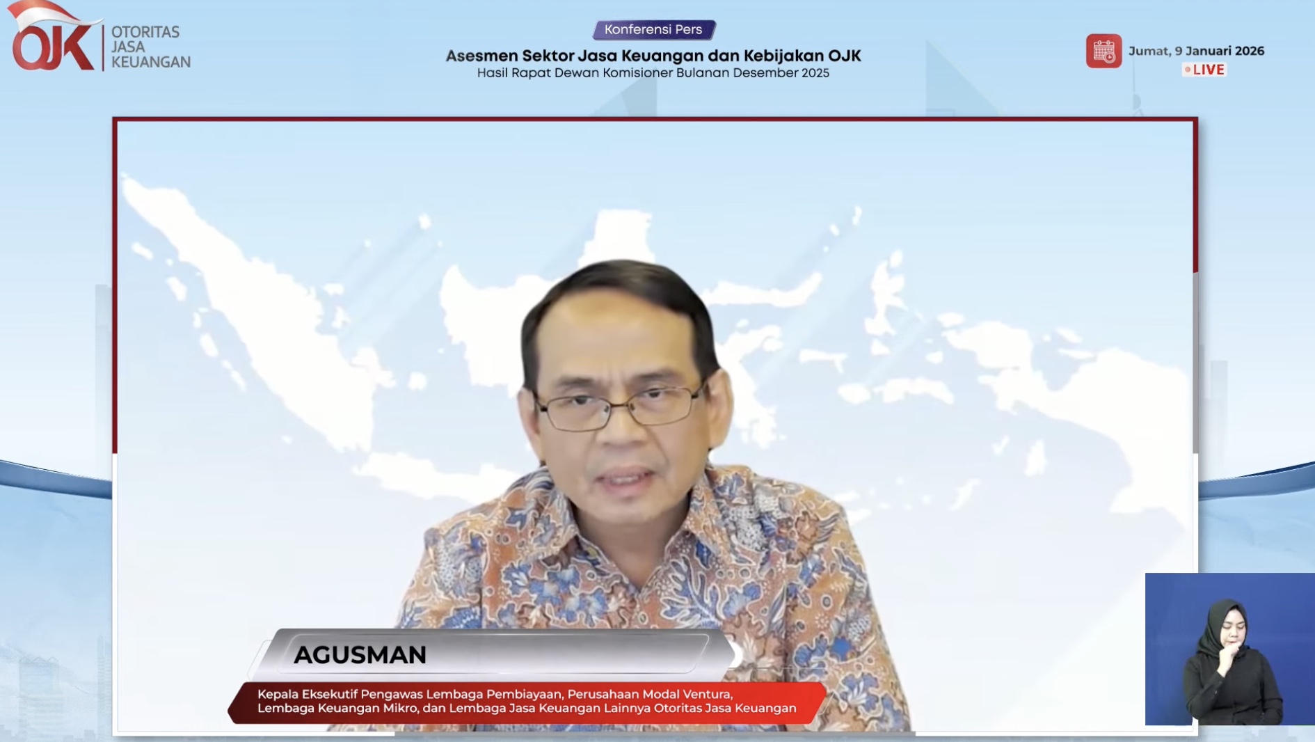 Kepala Eksekutif Pengawas Lembaga Pembiayaan, Perusahaan Modal Ventura, Lembaga Keuangan Mikro dan Lembaga Jasa Keuangan Lainnya OJK, Agusman dalam konferensi pers hasil Rapat Dewan Komisioner (RDK) OJK secara virtual, Jumat, (9/1/2026). (Tangkapan layar YouTube Otoritas Jasa Keuangan: M. Ibrahim)