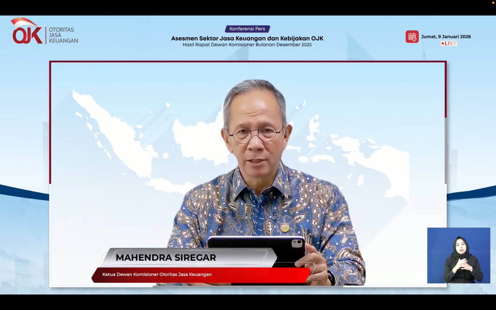 Ketua Dewan Komisioner OJK Mahendra Siregar dalam konferensi pers hasil Rapat Dewan Komisioner (RDK) Bulanan secara virtual, Jumat, (9/1/2026). (Tangkapan layar YouTube Otoritas Jasa Keuangan: Irawati)