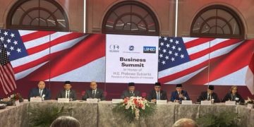 Presiden Prabowo dalam acara Business Summit di US Chamber of Commerce, Washington DC, Amerika Serikat, Rabu (18/2) sore waktu setempat. (foto: Antara)