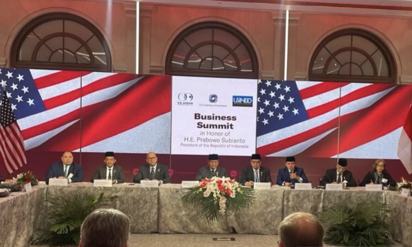 Presiden Prabowo dalam acara Business Summit di US Chamber of Commerce, Washington DC, Amerika Serikat, Rabu (18/2) sore waktu setempat. (foto: Antara)