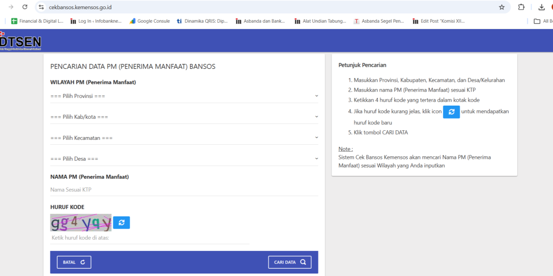 Tampilan website cekbansos.kemensos.go.id untuk mengecek status penerima bansos. (tangkapan layar cekbansos.kemensos.go.id: Julian)