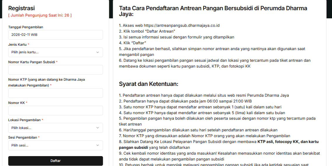 Tampilan website untuk pendaftaran antrean KJP melalui Perumda Dharma Jaya. (tangkapan layar antreanpangsub:dharmajaya.co.id Julian)
