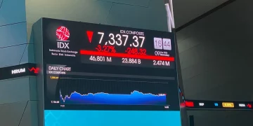 IHSG ditutup turun 3,27% ke level 7.337 pada 9 Maret 2026. (Foto: Khoirifa)