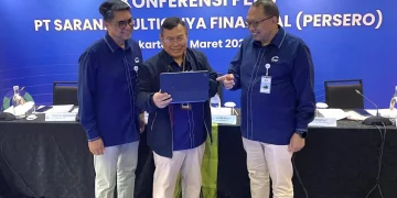 Jajaran Direksi PT Sarana Griya Multifinansial (SMF) dalam konferensi pers paparan kinerja full year 2025 di Jakarta. (Foto: Ari Astriawan)