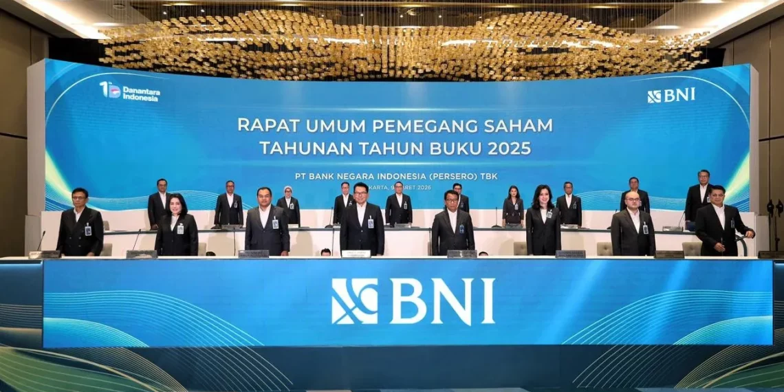 Rapat Umum Pemegang Saham Tahunan (RUPST) Tahun Buku 2025 PT Bank Negara Indonesia (Persero) Tbk atau BNI yang digelar pada Senin (9/3/2026). (Foto: Dok. BNI)