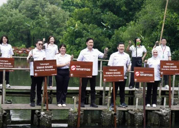 Manajemen Bank Sinarmas melakukan penanaman mangrove sekaligus meluncurkan produk Tabungan Simas Share. (Foto: Istimewa)
