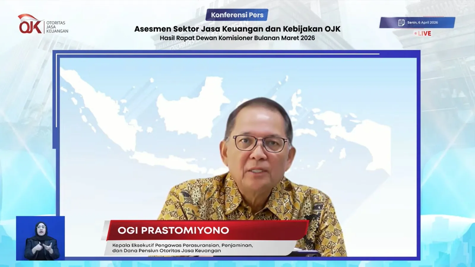 Kepala Eksekutif Pengawas Perasuransian, Penjaminan, dan Dana Pensiun OJK, Ogi Prastomiyono. (Tangkapan layar YouTube Otoritas Jasa Keuangan: Julian)