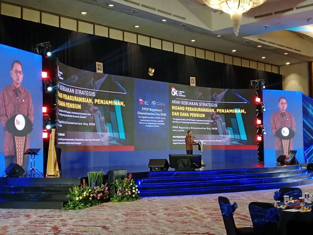 Ogi Prastomiyono, Kepala Pengawas Perasuransian, Penjaminan, dan Dana Pensiun (PPDP), merangkap Anggota Dewan Komisioner Otoritas Jasa Keuangan, dalam acara PPDP Regulatory Dissemination Day, Senin, 13 April 2026. (Foto: Mohammad Adrianto Sukarso)