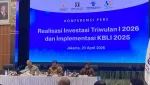 Konferensi Pers Realisasi Investasi Triwulan I 2026 dan Implementasi KBLI 2025 di kantor Kementerian Investasi dan Hilirisasi/BKPM Jakarta, Kamis, 23 April 2026. (Foto: Prima Gumilang)