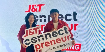 Brand Manager J&T Express, Herline Septia (kiri) dan CEO HMNS Perfume, Rizky Arief (kanan) dalam acara peluncuran J&T Connect Preneur Goes to Campus di Jakarta, Selasa (28/4/2026). (Foto: Prima Gumilang)