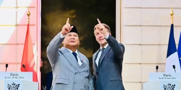 Presiden Prabowo Subianto (kiri) dan Presiden Republik Prancis Emmanuel Macron di Istana Elysee, Paris, Prancis, Kamis (28/5/2026). (Foto: ANTARA/HO-BPMI Sekretariat Presiden/aa)