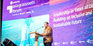 Presiden ke-6 RI Susilo Bambang Yudhoyono (SBY) saat berpidato di acara Asia Grassroots Forum 2026 di Jakarta, Kamis (4/6/2026). (Foto: dok. Amartha)