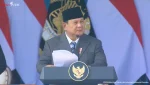 Presiden RI Prabowo Subianto saat berpidato pada Hari Bhayangkara ke-80 di Lapangan Satuan Latihan (Satlat) Brimob Polri, Cikeas, Bogor, Jawa Barat, Rabu (1/7) (Foto: Tangkapan layar Youtube Sekretarian Negara)