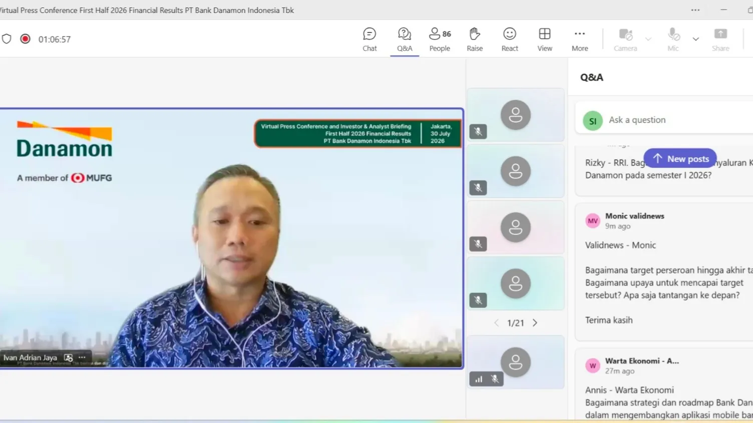 Head of Consumer Funding and Wealth Business Bank Danamon, Ivan Jaya saat acara konferensi pers virtual kinerja semester I 2026, Kamis (30/7). (Foto: Tangkapan layar)